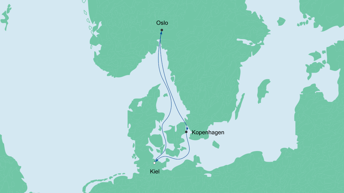 Die Schiffsroute ab Kiel über Oslo und Kopenhagen.